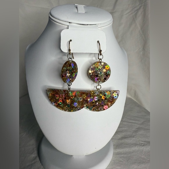 Geometric Holographic Confetti Gold Resin Earrings - Picture 6 of 6